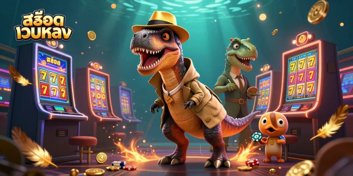 Unleash สล็อตเว็บตรง with our illustrated casino scene featuring a velociraptor card counter sneaking chips.