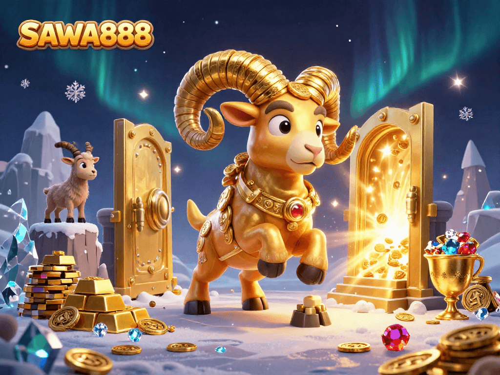 Spin thrilling slots with SAWA888 amidst treasure-filled adventure, showcasing vibrant slot gaming elements.