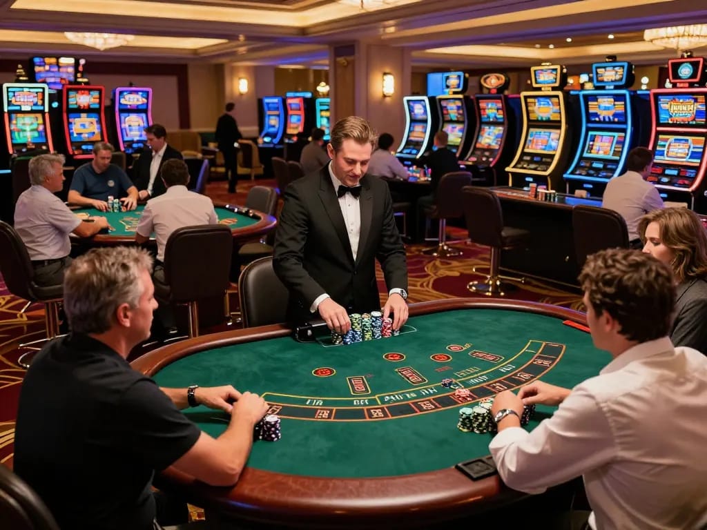 Engaged players betting at GG 88 blackjack tables, vibrant casino atmosphere.