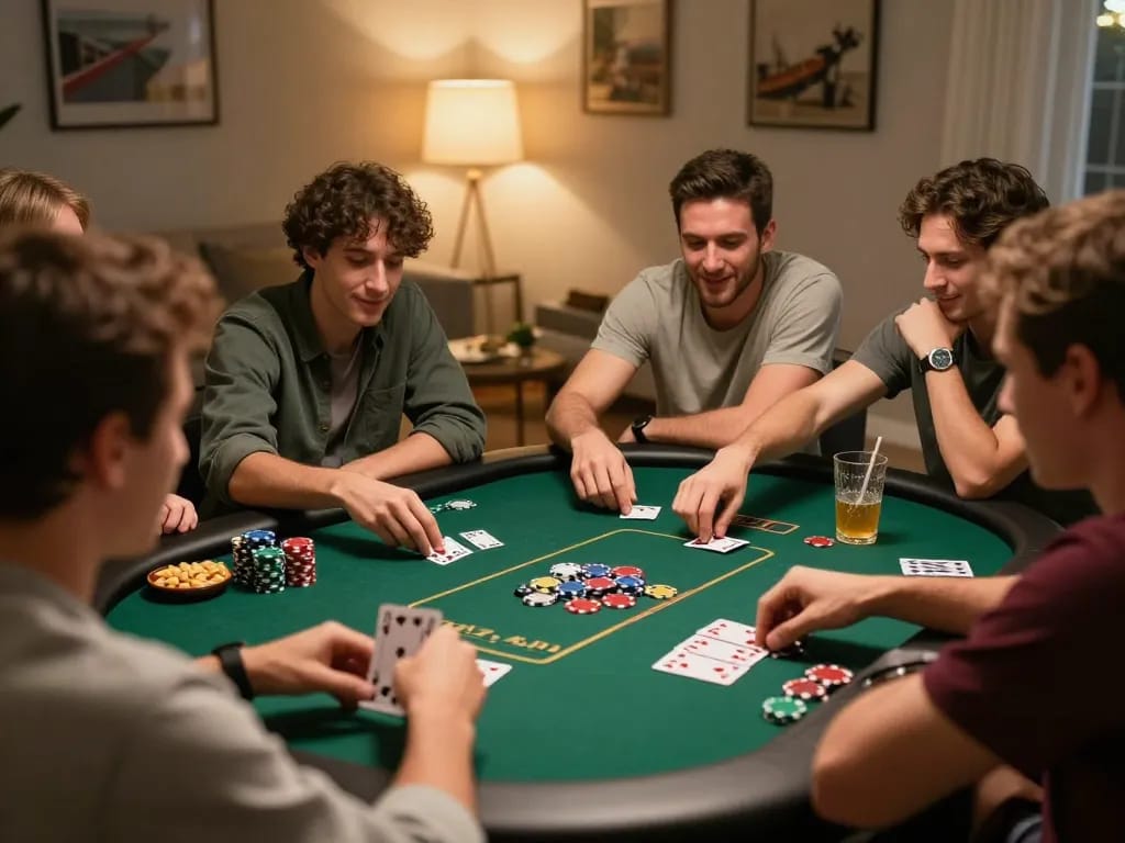 Friends enjoying poker night using 12nk88.com for strategic betting and fun.