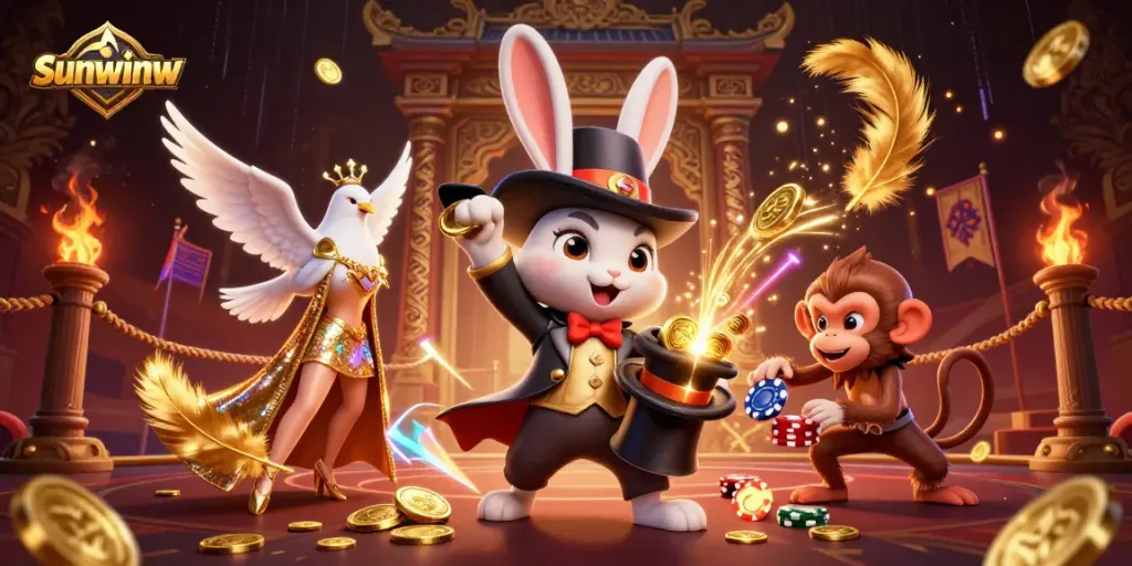 Engage with sunwinw's thrilling gaming atmosphere featuring a magician pulling coins in a vibrant casino.