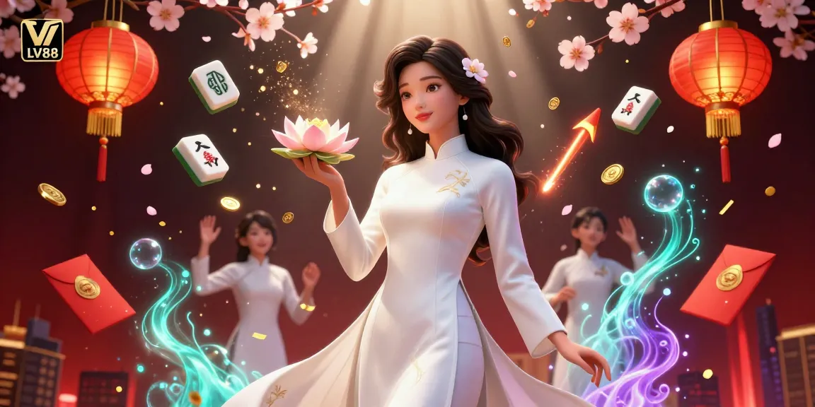 Experience the immersive gaming world of LV88 with vibrant visuals of a serene Asian woman amidst casino elements.