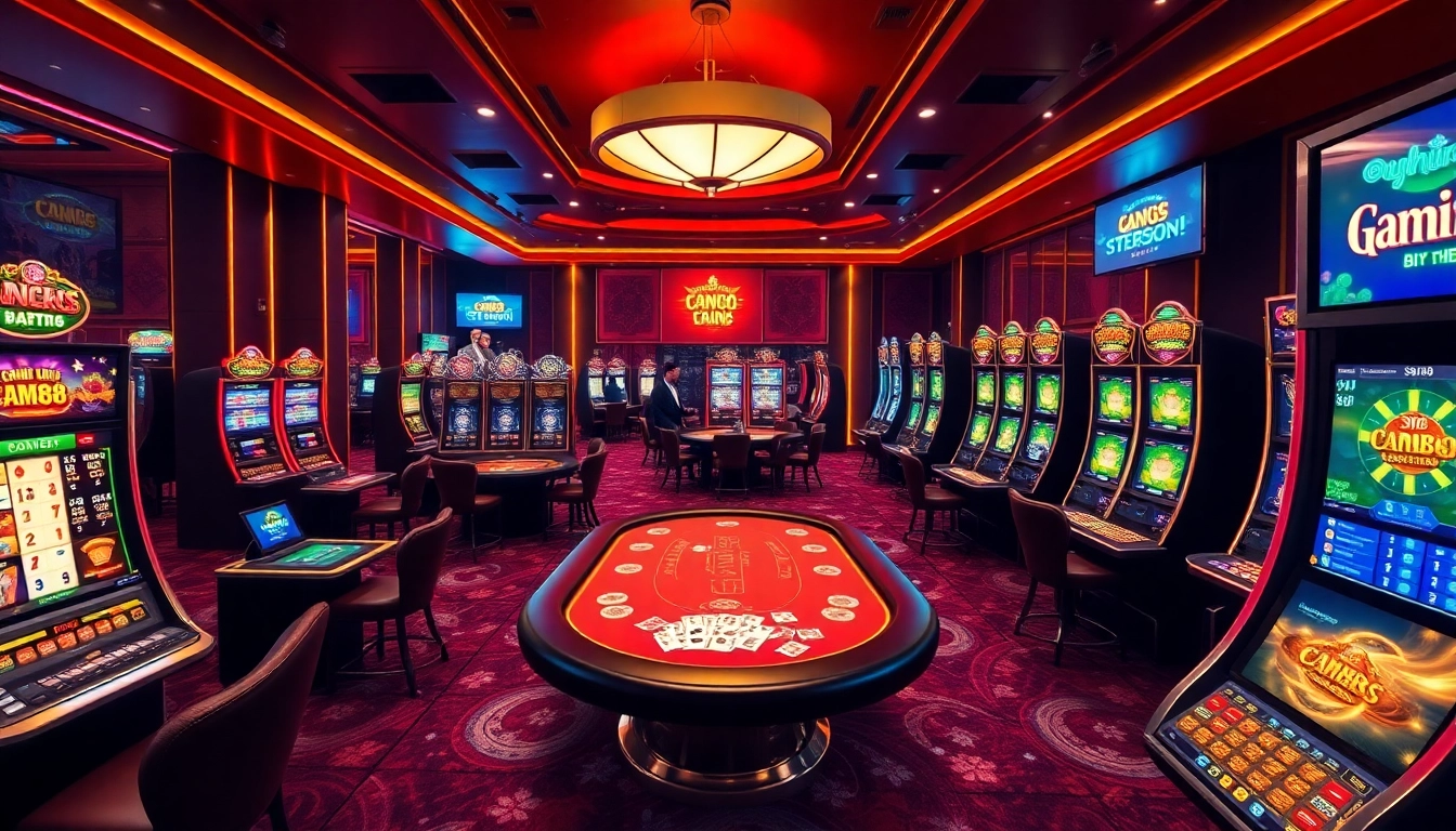 Engaging scene of nhà cái mm88 featuring vibrant gambling elements like poker tables and slot machines.
