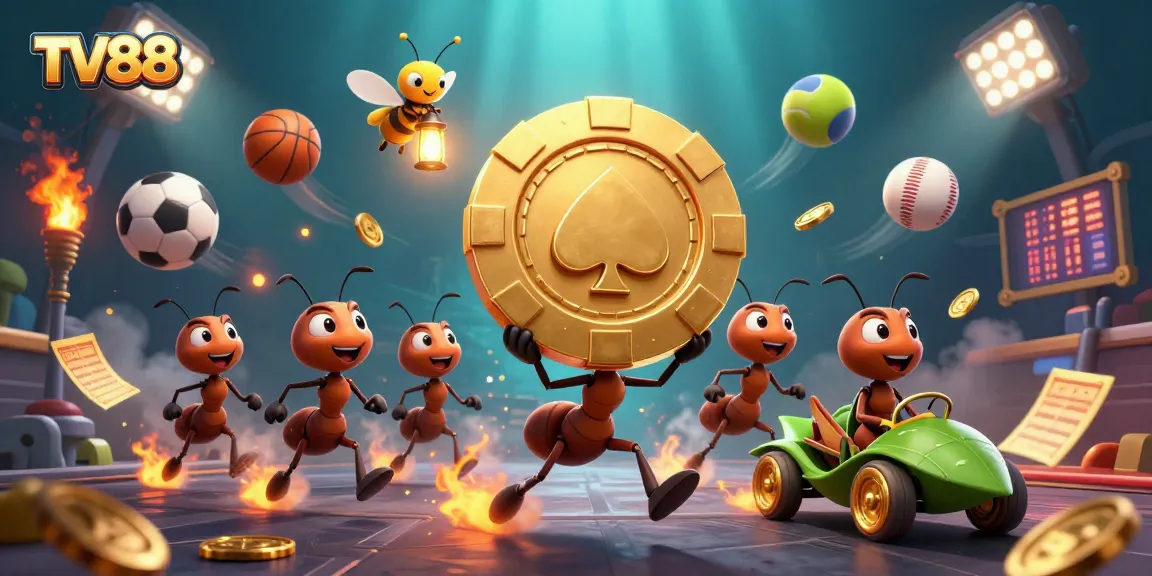 Engage with TV88's thrilling adventure as animated ants heist a giant poker chip in a dynamic casino setting.