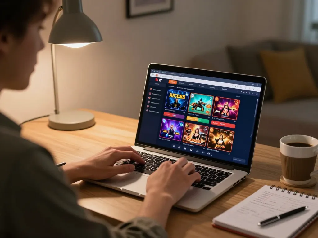 Player engaging in online casino gaming at https://red88tt.com/ on a laptop with strategy notes in a cozy environment.