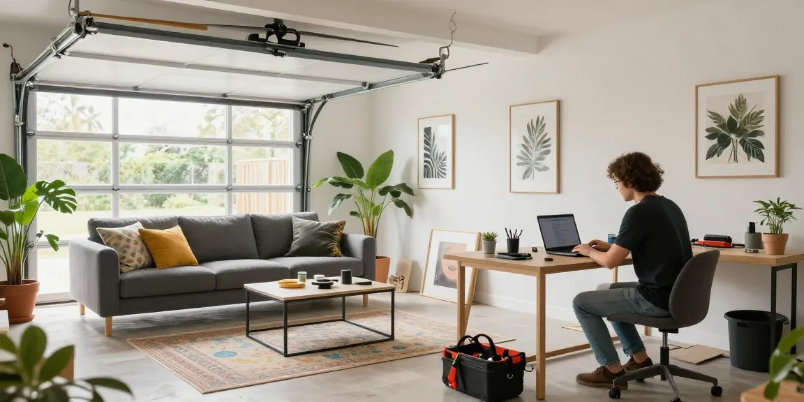Garage conversions showcasing a stylish living space with workspace, natural light, and vibrant decor.