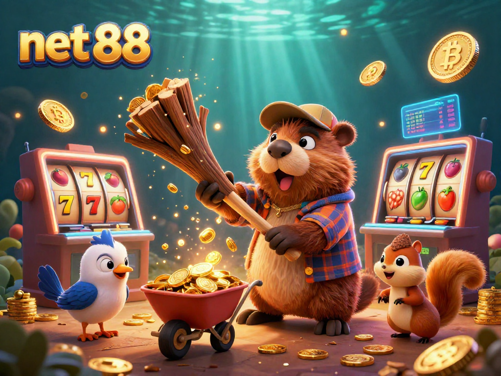 Experience net 88 with exciting golden coin rains and vibrant slot elements in a lively scene.