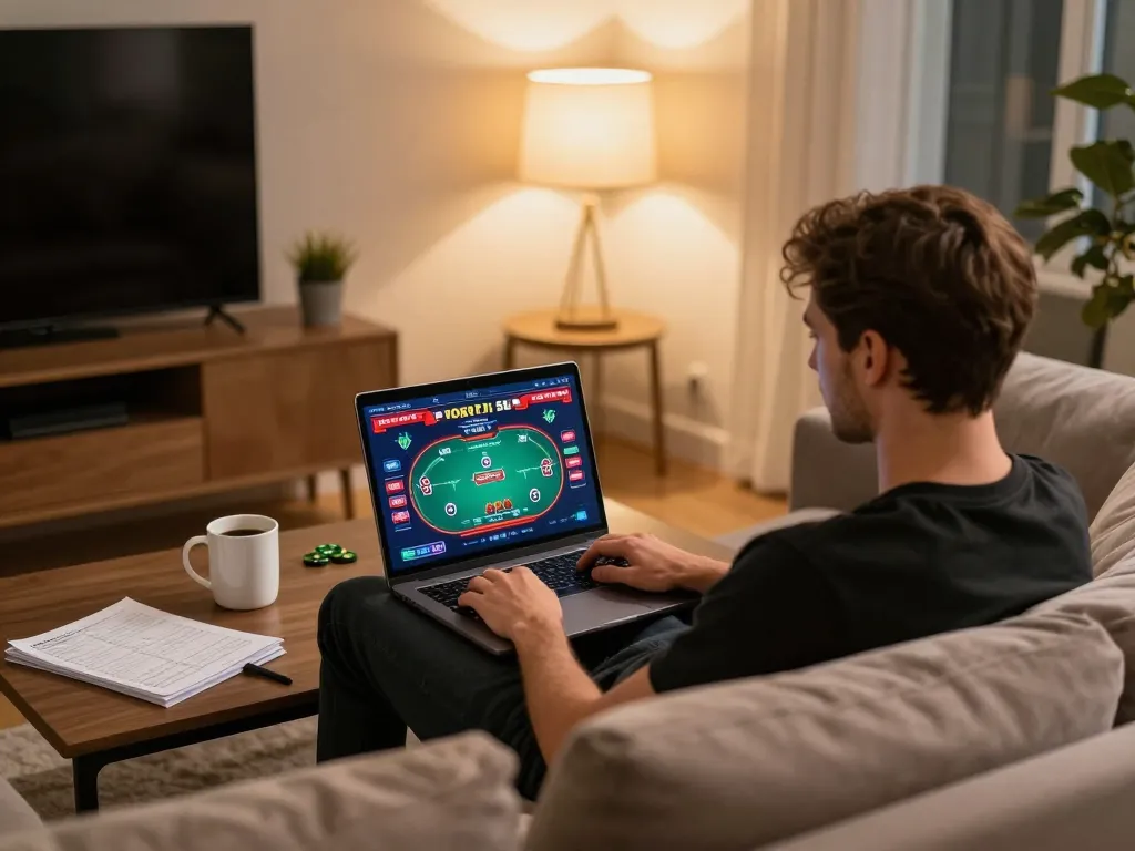 Player enjoying qq88 online poker at home with strategy notes and warm lighting
