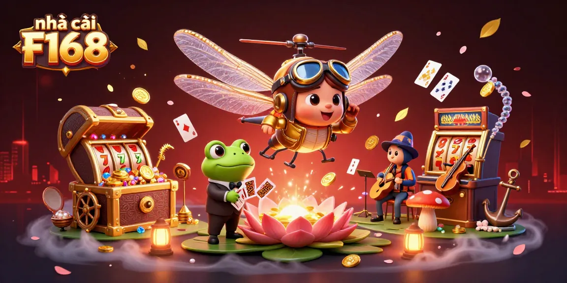 Play at nhà cái F168 with a vibrant illustration of gambling fun featuring a frog dealer and treasure-themed games.
