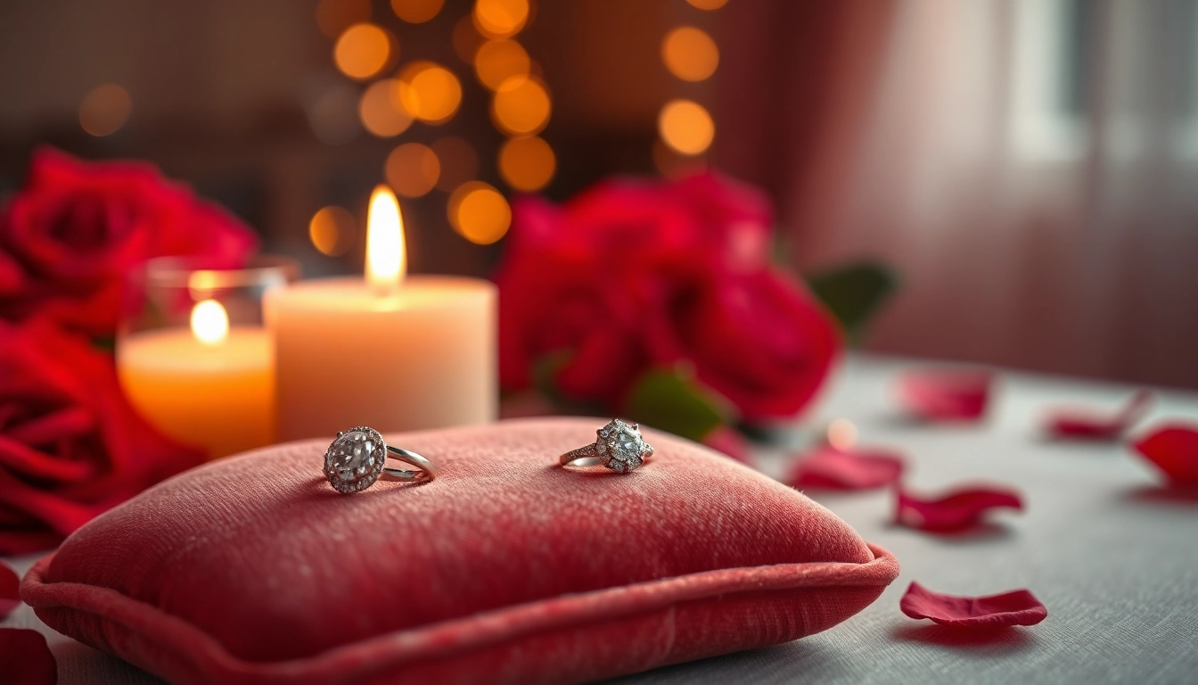 Admire stunning Romantic Valentine’s Day engagement rings UK displayed on a velvet cushion beside candlelight.