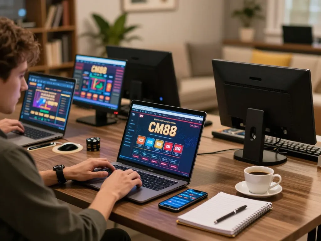 Engaged player enjoying CM88 online casino experience at home with laptop and smartphone.
