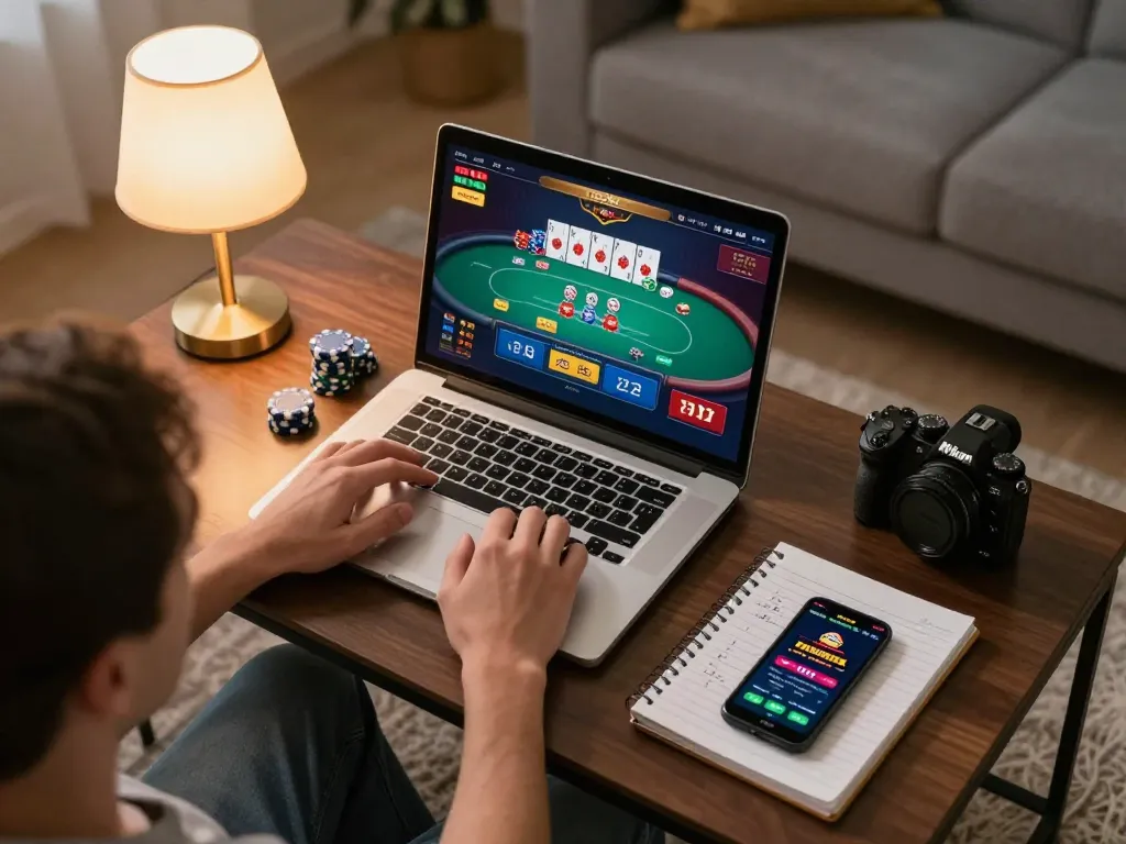 Engaging in online poker gameplay with okwin while analyzing strategy notes in a cozy home setting.