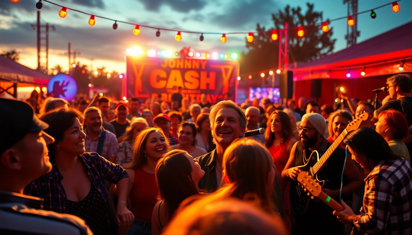 Celebration scene at johnnycashbirthday.com with fans enjoying live music in a vibrant festival atmosphere.