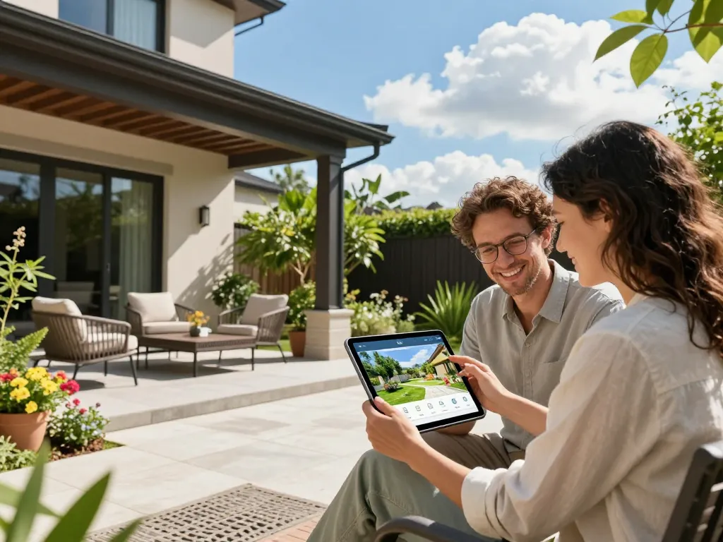 Couple using a veranda configurator to design their outdoor space.