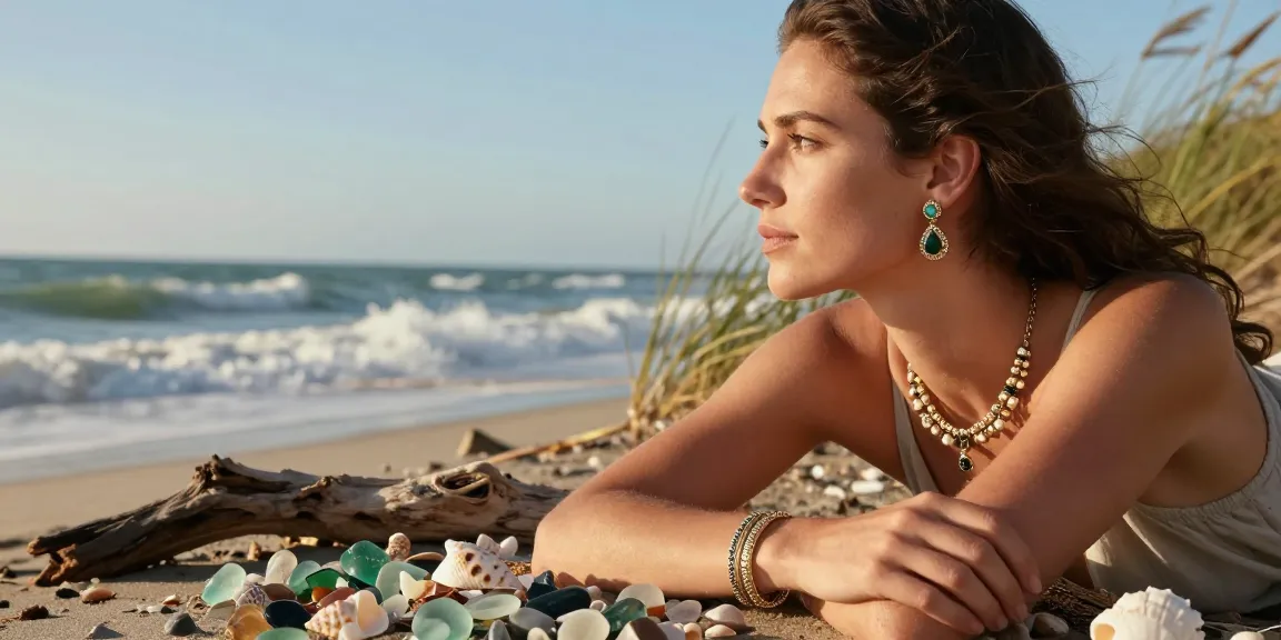Woman at shore wearing stylish jewellery, highlighting ethical jewellery uk with sea-inspired designs.
