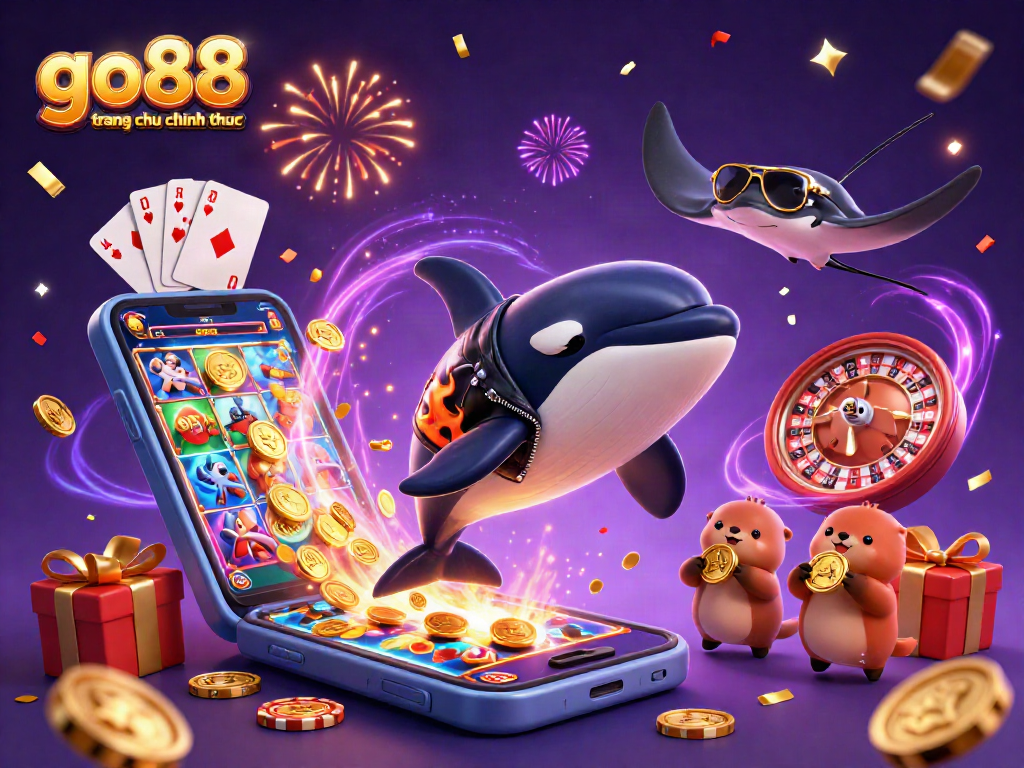 Experience the thrill of go88 trang chu chinh thuc with vibrant 3D characters celebrating casino games.