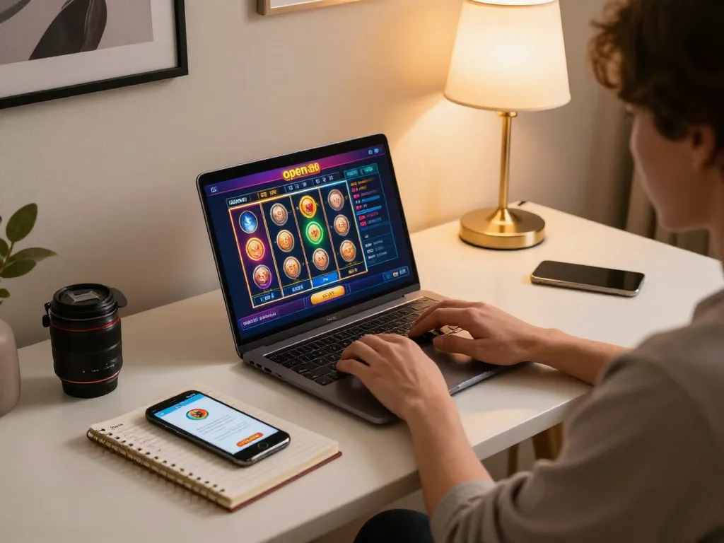 Engaging with open88 online casino on a stylish laptop, showcasing immersive gaming experience.
