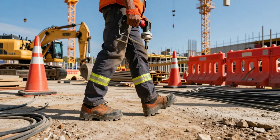 Worker in upower safety shoes confidently using power tools on a construction site, emphasizing durability and safety standards.