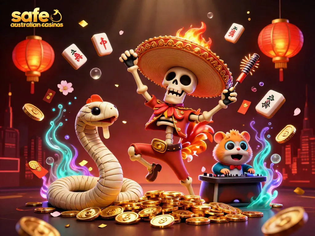 Celebrate winning moments at safe australian casinos with vibrant 3D characters and festive elements.