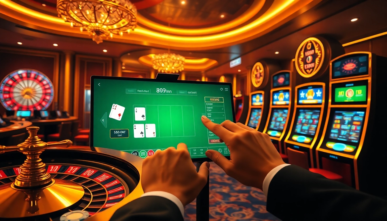 I9BET online gambling interface with poker chips, cards, and a roulette wheel.
