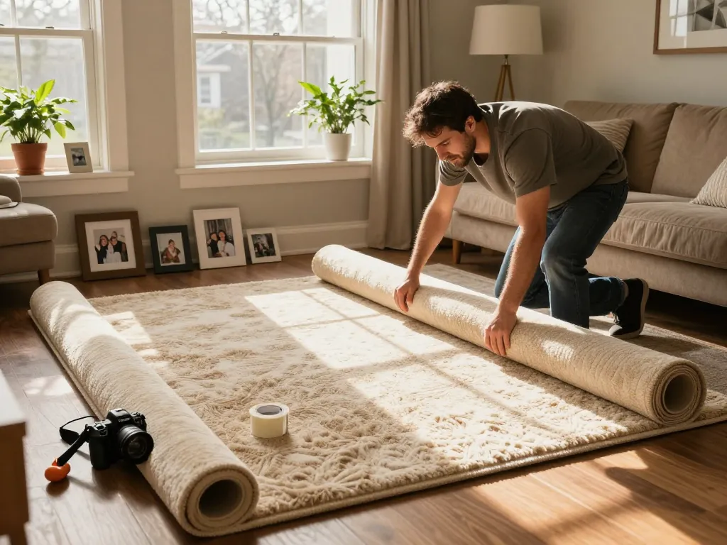 Carpet fitters near me installing plush carpet in a cozy home setting, highlighting craftsmanship and warm atmosphere.