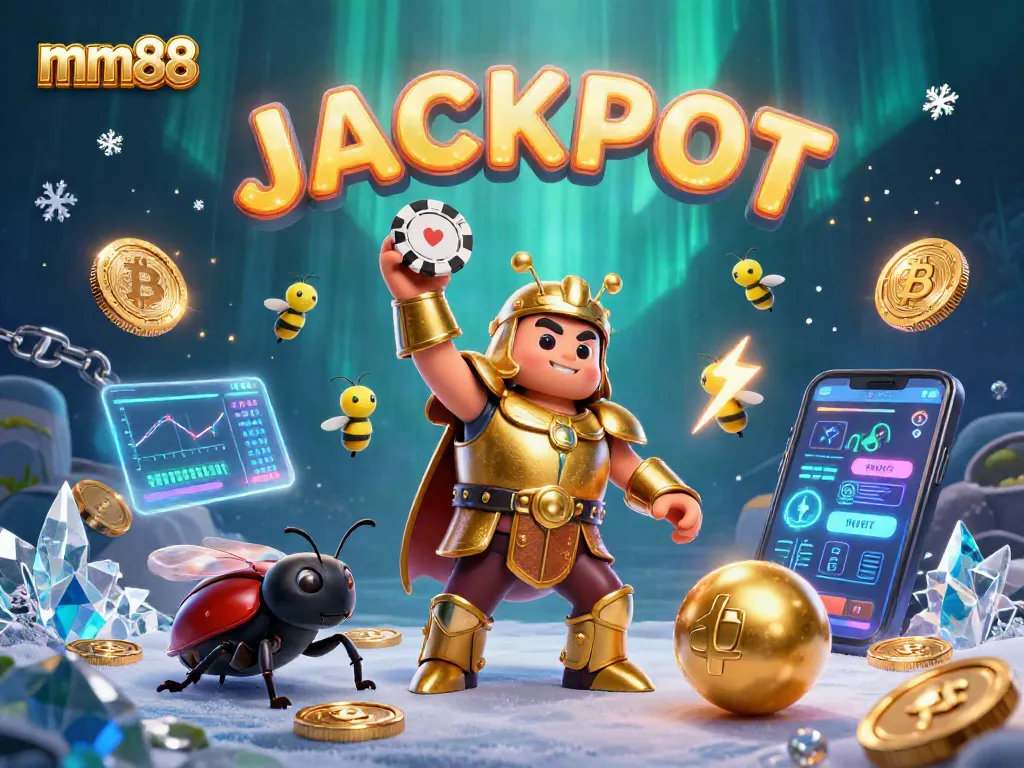 Experience mm88 excitement with a cartoon hercules beetle celebrating a jackpot win amid vibrant casino elements.
