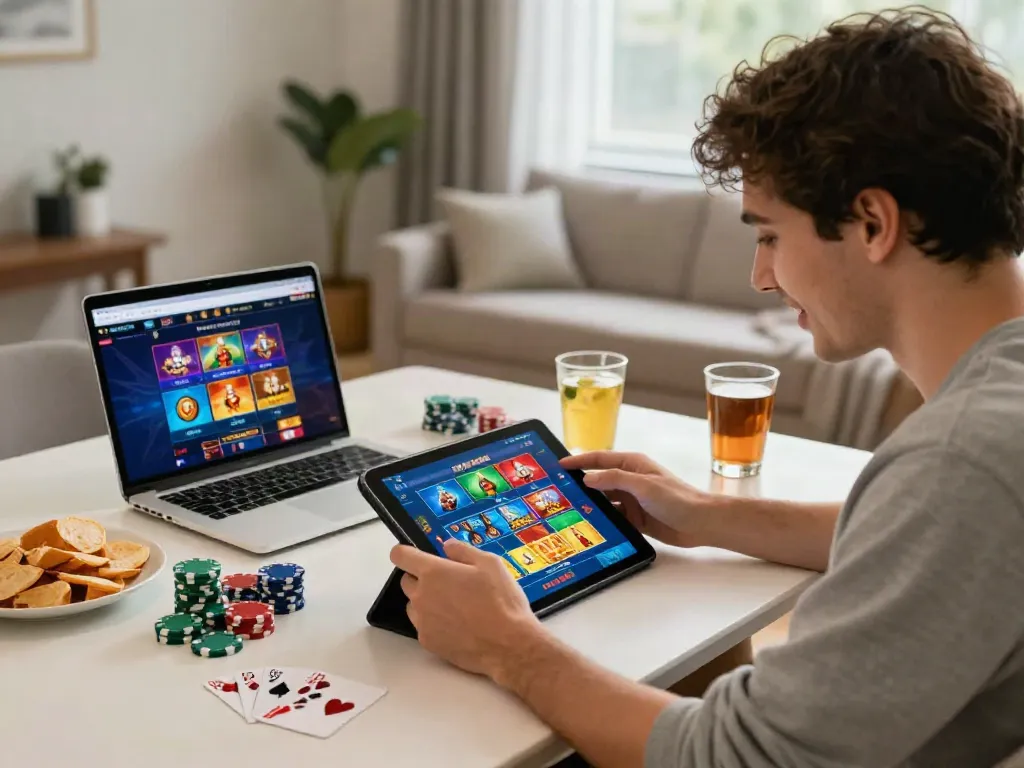 Engaged player exploring the best credit card casinos on a tablet amid a vibrant casino scene.