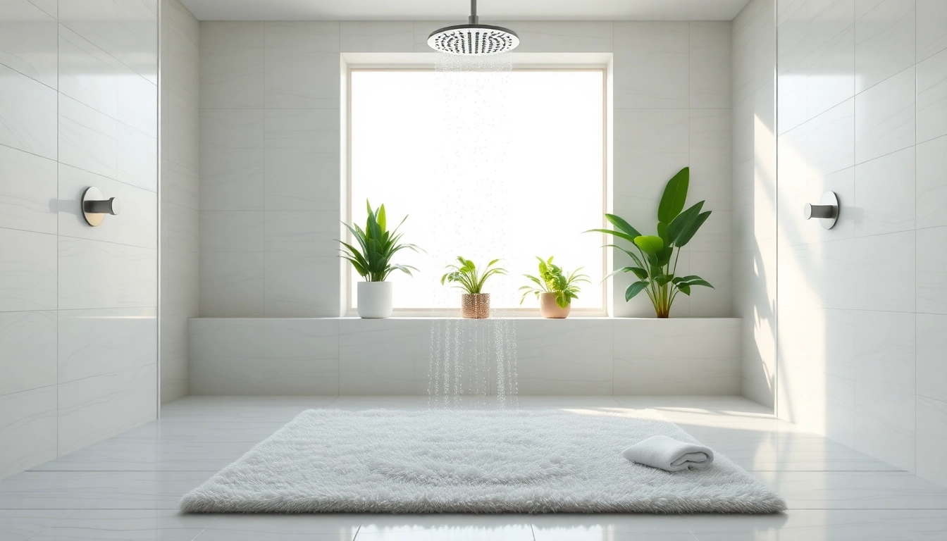 Experience elegant showers in a serene bathroom featuring natural light and lush greenery.