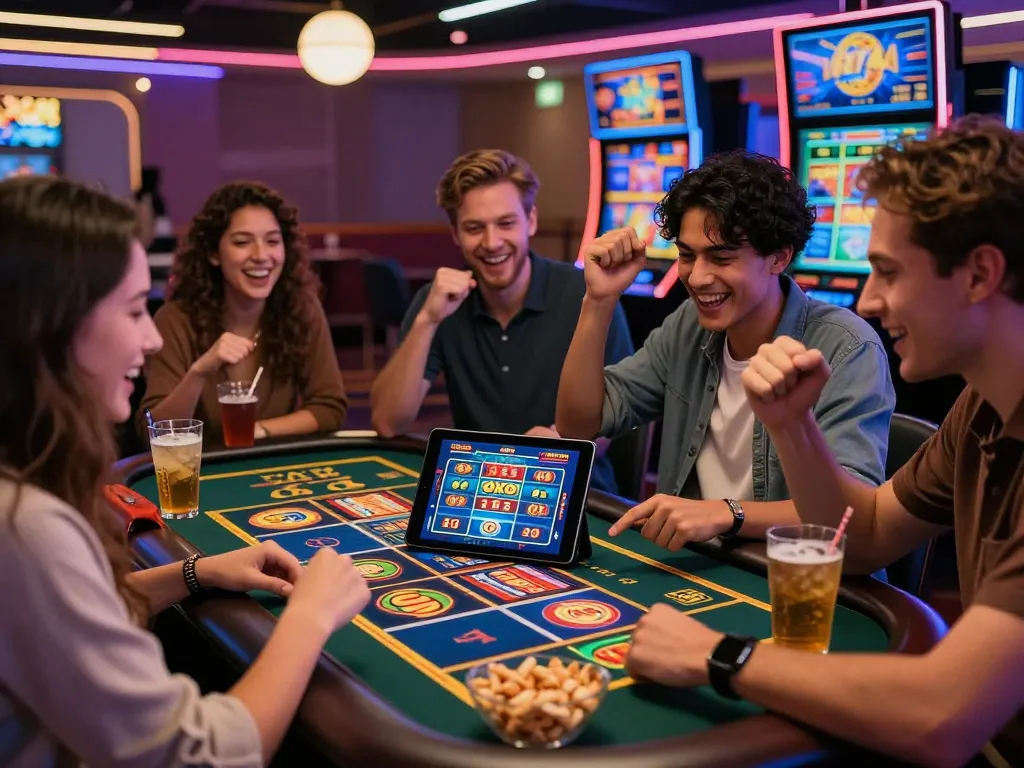 Friends enjoying nk88 online casino game on tablet, colorful slots and snacks.