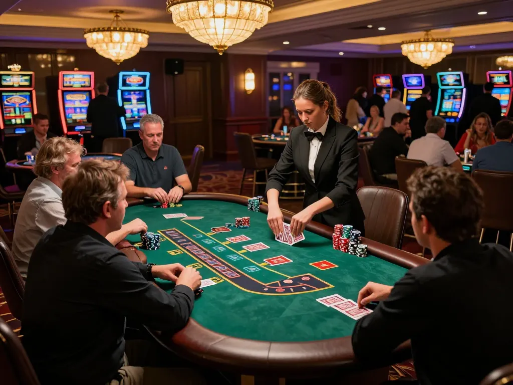 Experience thrilling gameplay at https://lu88live.com/ with engaged players at an upscale blackjack table in vibrant casino atmosphere