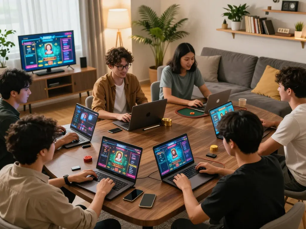 Players engaging in dynamic SHBET games in a cozy home setting, creating a lively online gambling atmosphere.