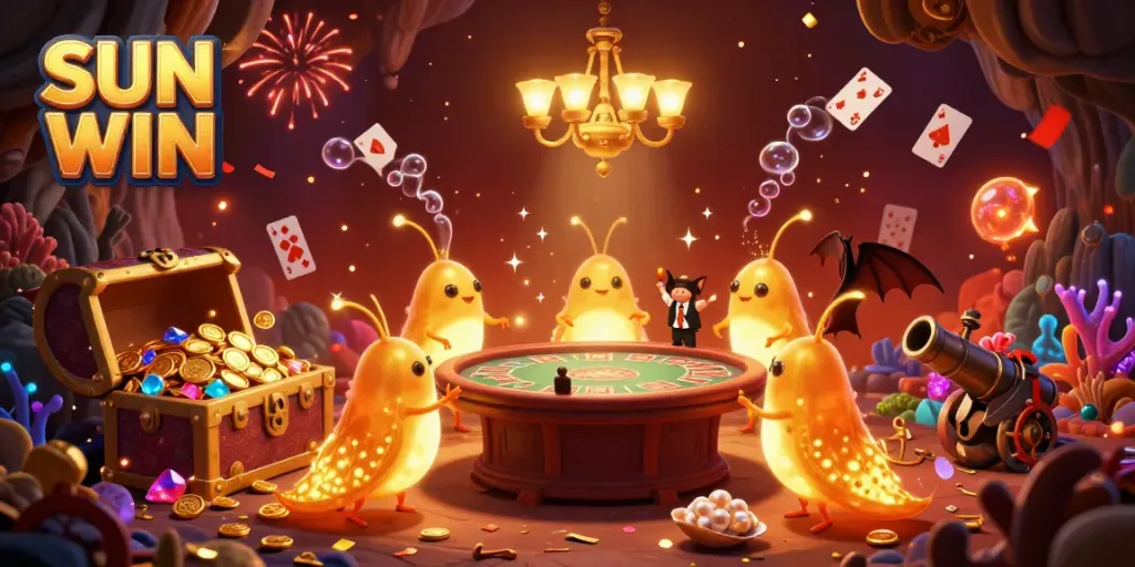 Experience SUN WIN in a dazzling 3D cave casino filled with glowworms and vibrant gaming elements.