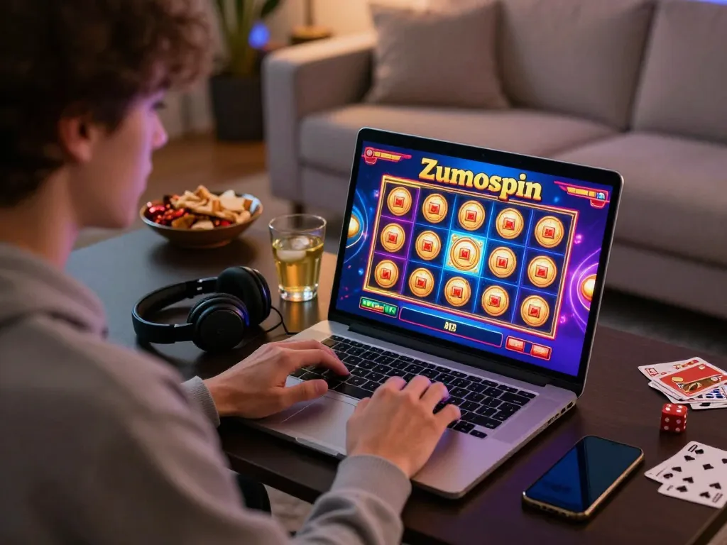 Player engaging in dynamic gameplay at Zumospain Casino on a laptop, showcasing vibrant slot graphics and accessories in a cozy setting.