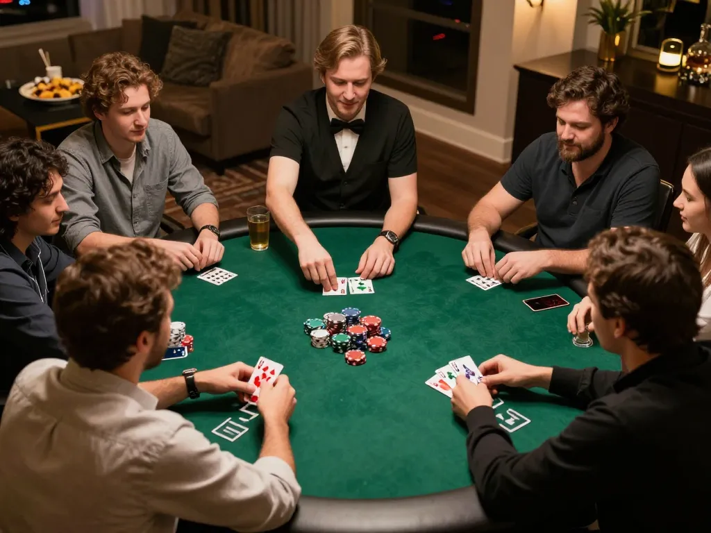 Players at Nhà Cái RR88 enjoying a lively poker game, focused on their cards amidst warm lighting.