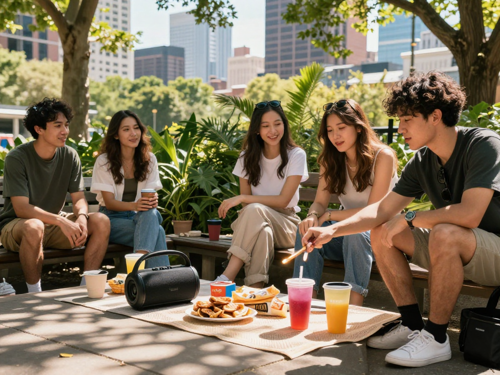 Friends enjoying a casual gathering outdoors while one lights a rokok 88 in a vibrant urban park setting.