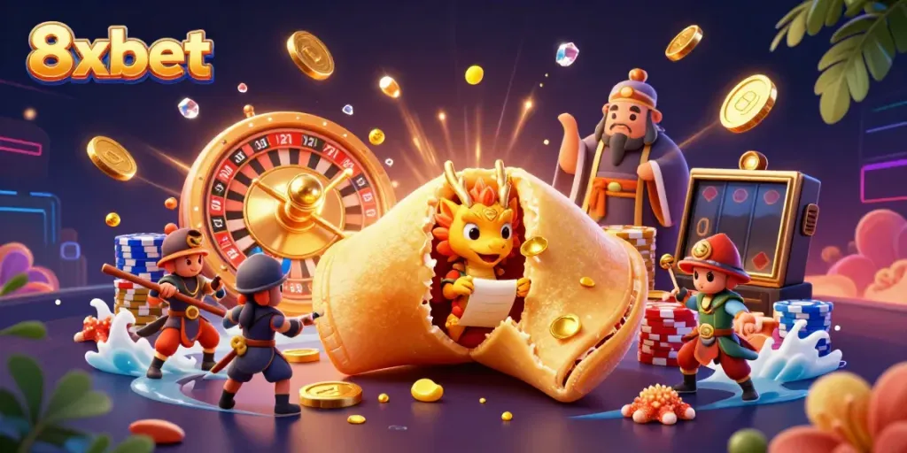 Experience the thrilling world of 8xbet with a 3D golden fortune cookie and dynamic casino elements coming to life.