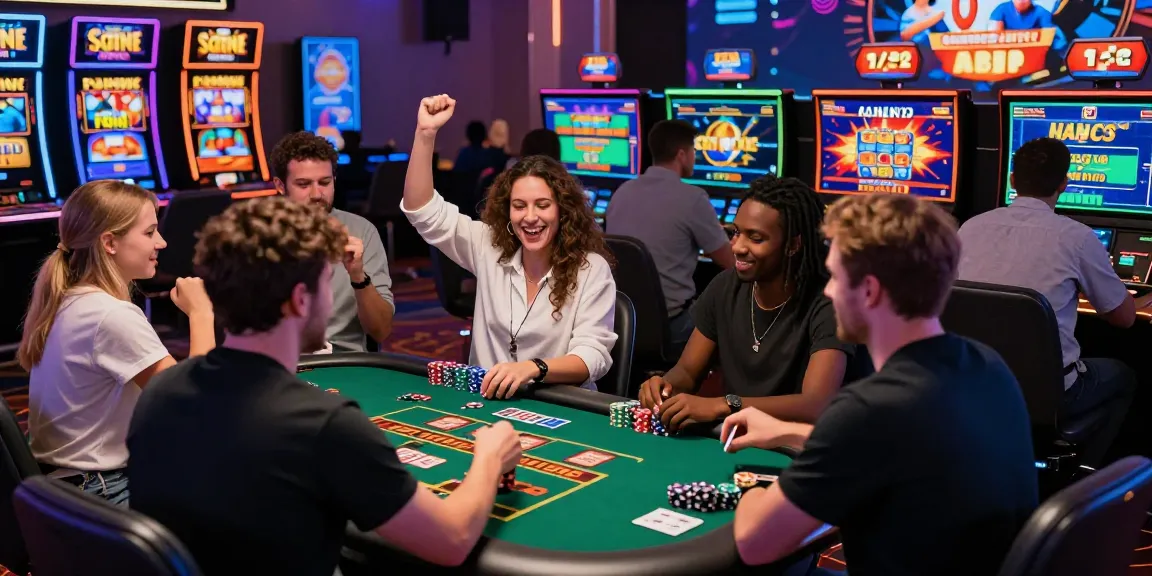 Players enjoying the excitement of non UKGC casinos, celebrating wins in a colorful online gambling environment.