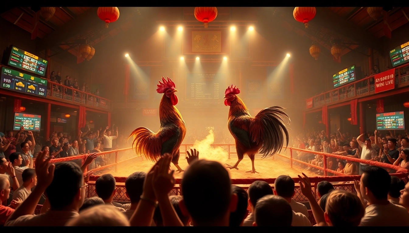 Exciting rooster fight at sv368win.live showcasing a vibrant Vietnamese cockfighting arena.