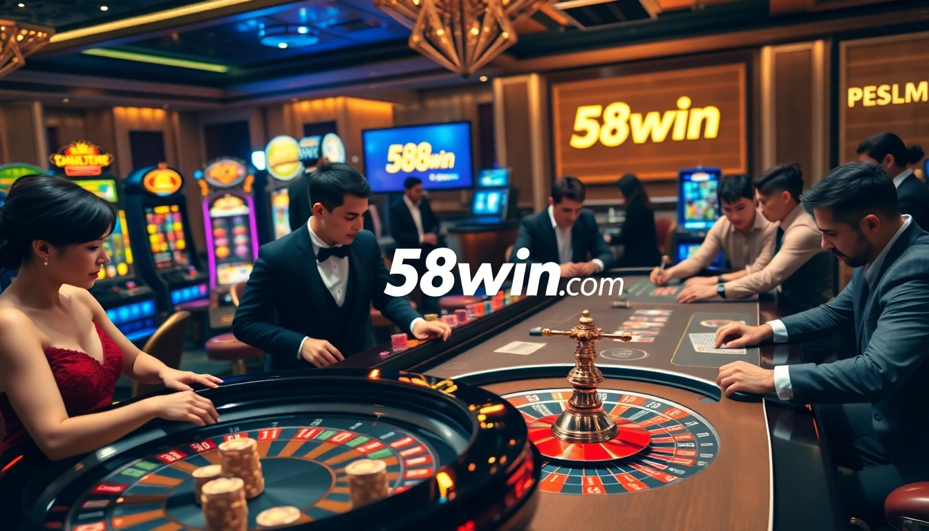 Gambling excitement at 58win com with players at roulette and poker tables in a luxurious casino setting.