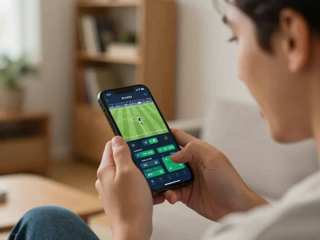 Engaging in tỷ lệ kèo bóng đá live betting during a football match using a smartphone app.