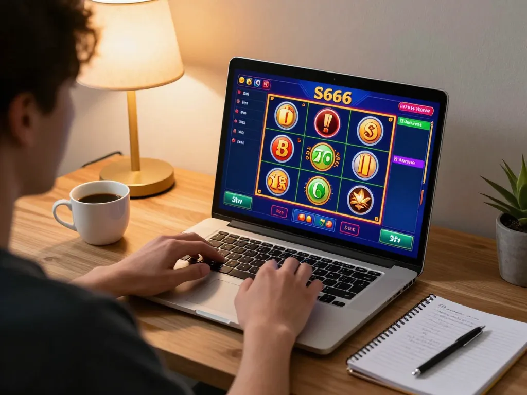 Player enjoying S666 online casino gaming on a laptop with vibrant slot interface