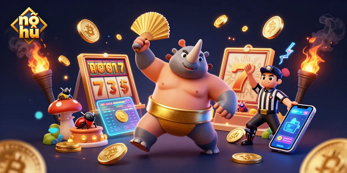 Experience the thrill of nổ hũ with a dynamic scene featuring a beetle champion and crypto-themed elements.