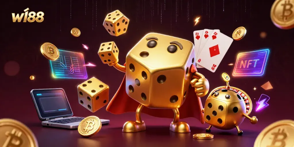 Experience the thrill of w188 with a playful golden dice golem and crypto coins in a dazzling casino scene.
