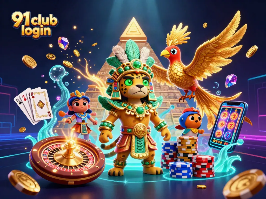 Engage with the exciting 91 club login scene featuring a vibrant Mayan-themed illustration with casino elements.