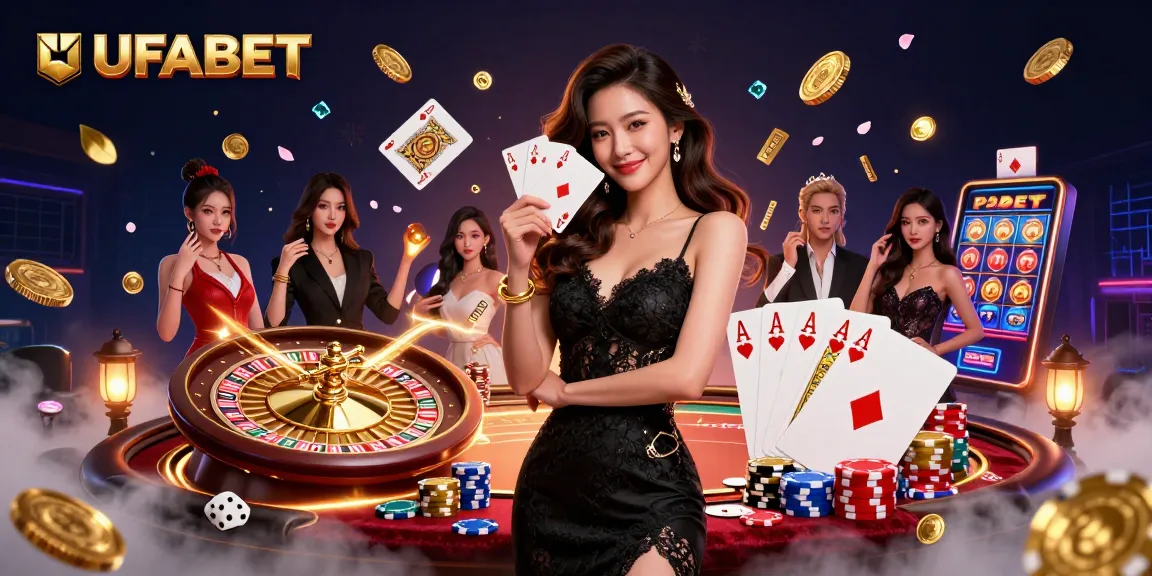Engage in thrilling gameplay at UFABET, showcasing an elegant casino scene with cards and chips.