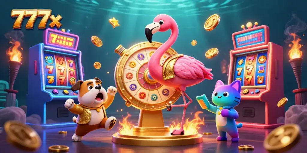 Experience the thrill of 777x online casino with colorful slot machines and excited characters.