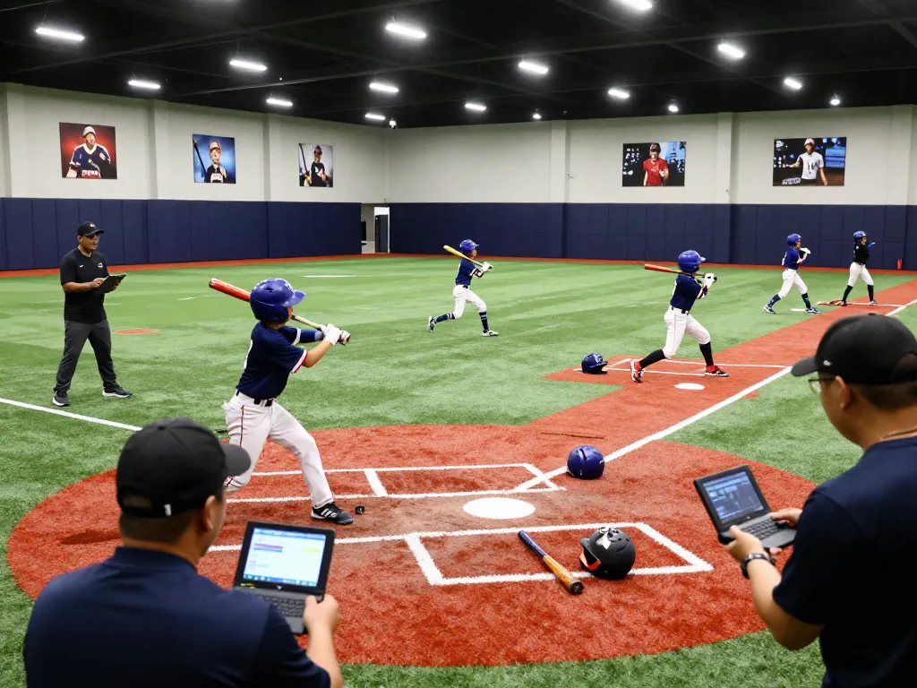 Hitclub baseball training scene with young athletes swinging bats and a coach providing guidance.