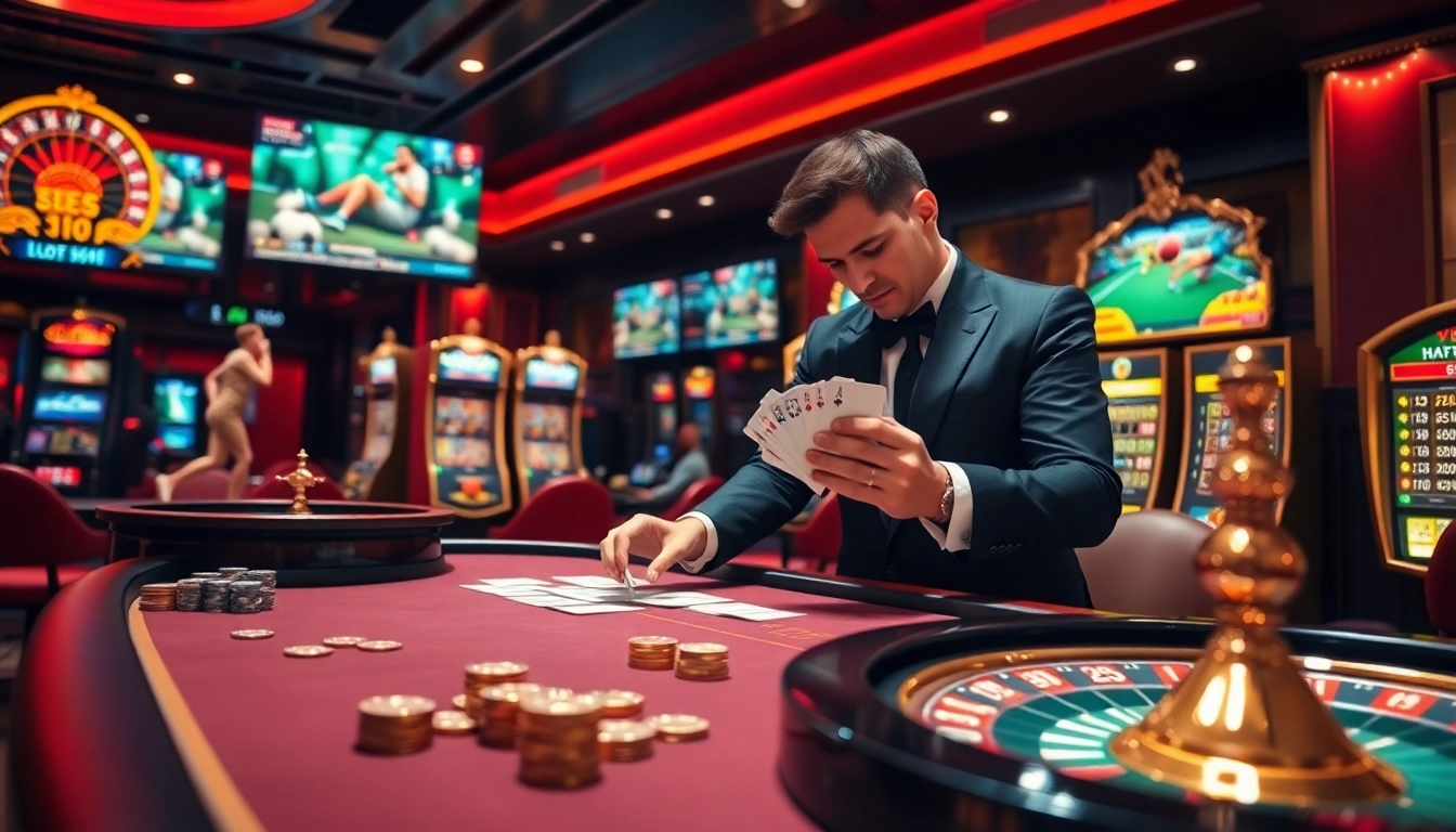 Cakhiatv highlights a thrilling casino scene with vibrant gambling tables and live sports scores.