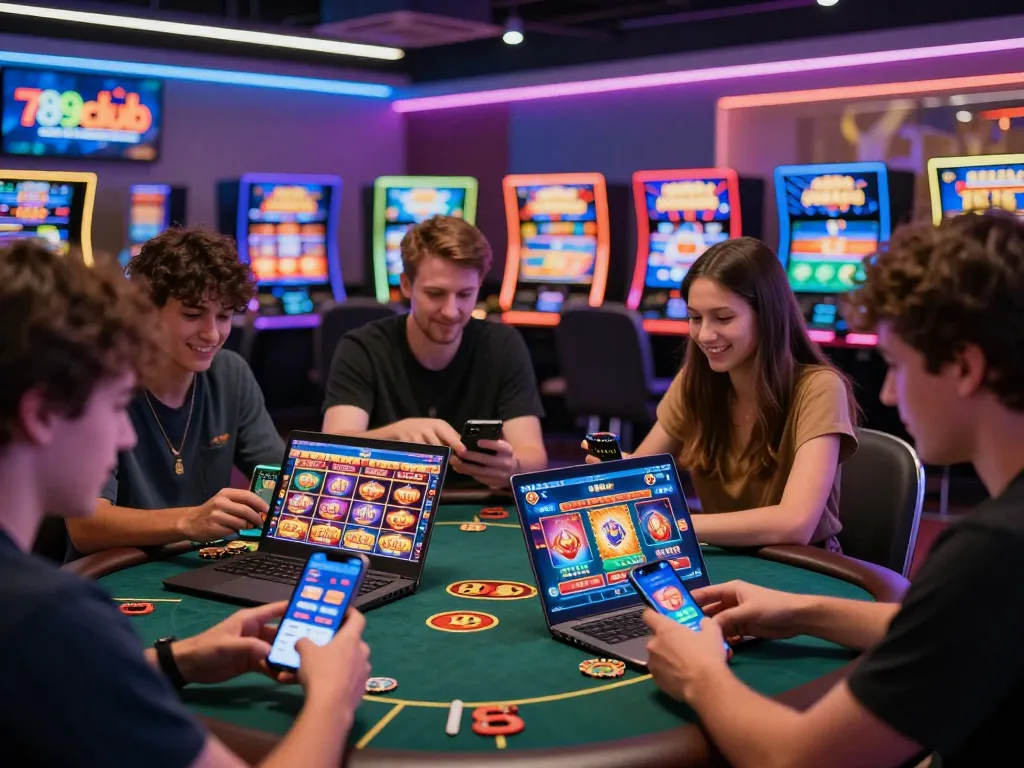 Exciting 789club gaming scene with players engaged in online casino games, showcasing vibrant atmosphere and modern technology.
