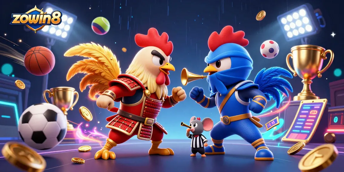 Bet on the dramatic showdown of zowin8's fighting roosters in a colorful 3D casino scene.